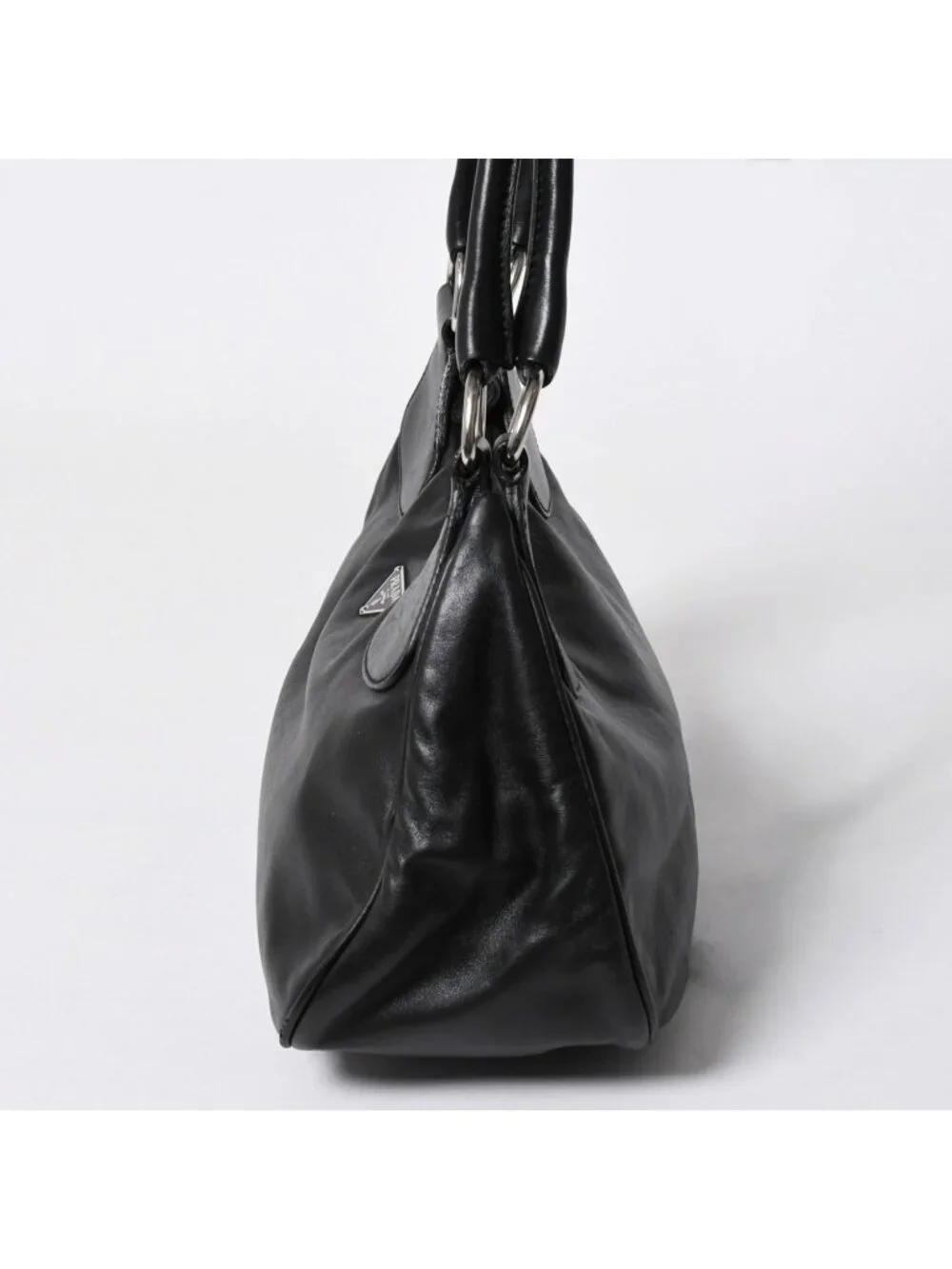 Prada Black Leather Handbag Silver Metal Patent Plate